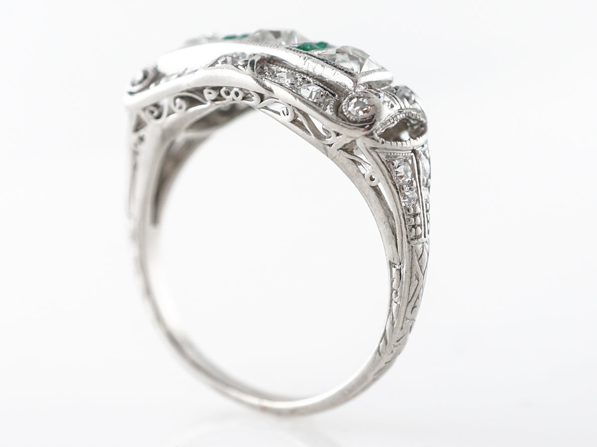 Vintage 1930's Cocktail Ring w/ French Cut Diamonds & Emeralds in Platinum