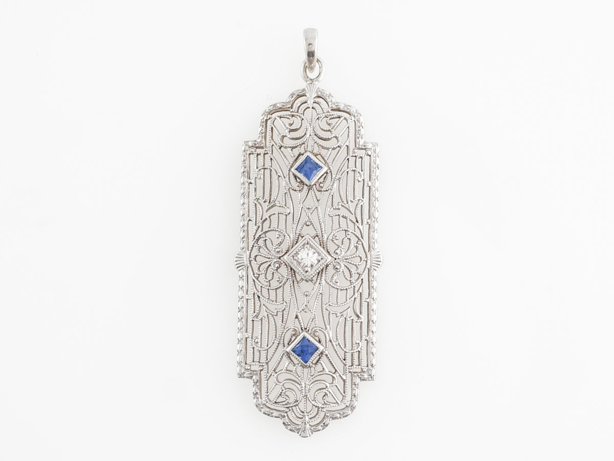 Vintage Deco Synthetic Sapphire & Glass Filigree Pendant in White Gold