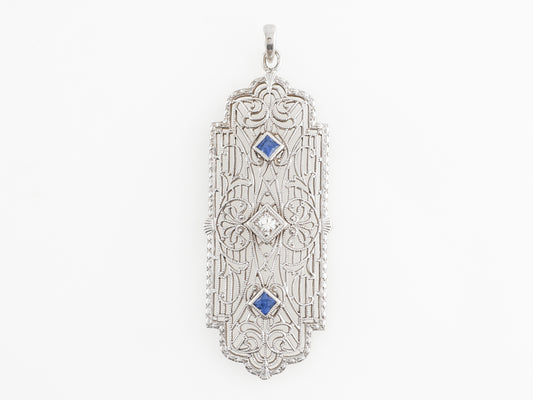 Vintage Deco Synthetic Sapphire & Glass Filigree Pendant in White Gold