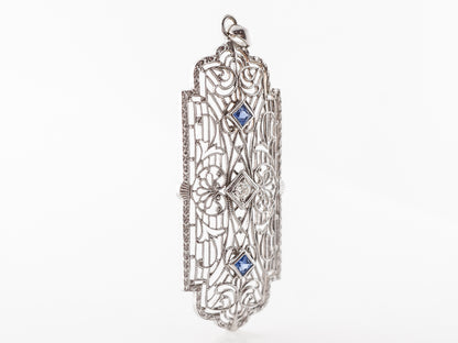 Vintage Deco Synthetic Sapphire & Glass Filigree Pendant in White Gold
