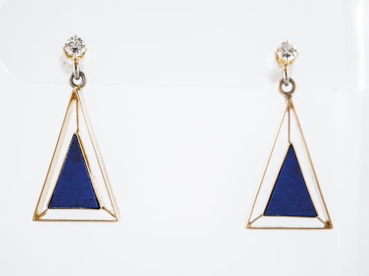 Vintage Drop Earrings Mid-Century .20 Round Brilliant Cut Diamonds & Lapis in 14k Yellow Gold