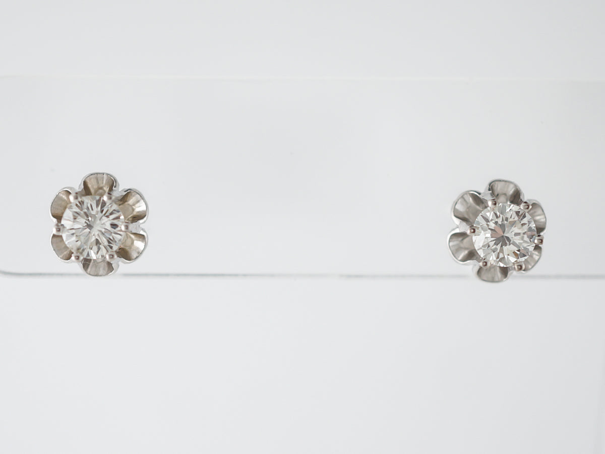 Vintage Earrings Mid-Century .83 Round Brilliant Cut Diamonds in 14k White Gold