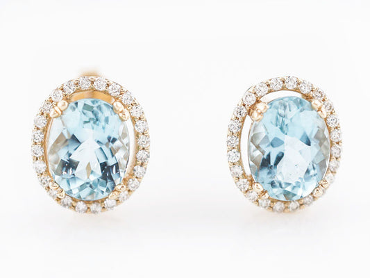 Vintage Earrings Mid-Century 3.93 Oval Cut Aquamarine & .31 Round Brilliant Cut Diamonds in 14k Yellow Gold