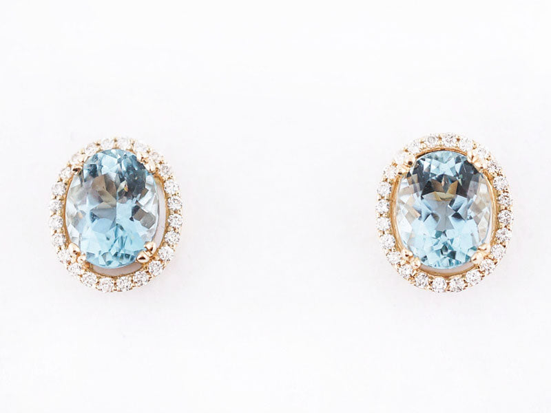Vintage Earrings Mid-Century 3.93 Oval Cut Aquamarine & .31 Round Brilliant Cut Diamonds in 14k Yellow Gold