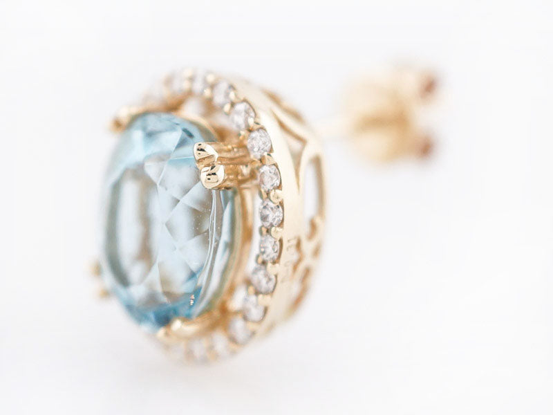 Vintage Earrings Mid-Century 3.93 Oval Cut Aquamarine & .31 Round Brilliant Cut Diamonds in 14k Yellow Gold