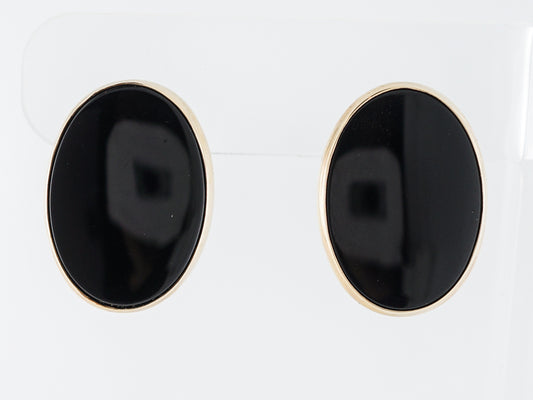 Vintage Earrings Mid-Century Cabochon Cut Onyx in 14K Yellow Gold