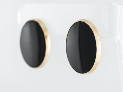 Vintage Earrings Mid-Century Cabochon Cut Onyx in 14K Yellow Gold