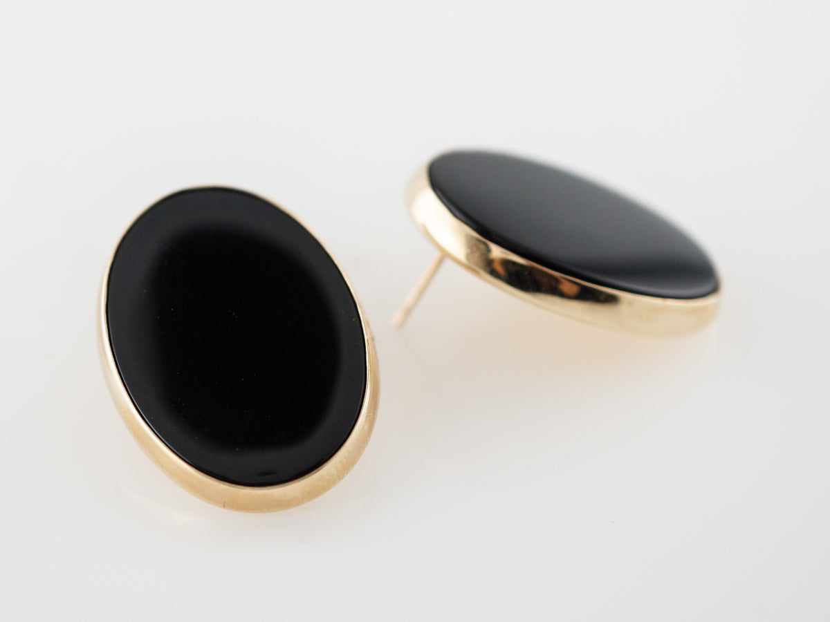 Vintage Earrings Mid-Century Cabochon Cut Onyx in 14K Yellow Gold