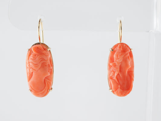 Vintage Earrings Victorian Carved Coral in 14k Yellow Gold