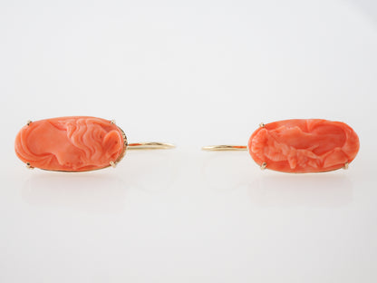 Vintage Earrings Victorian Carved Coral in 14k Yellow Gold