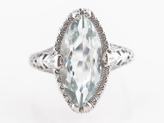 Vintage Marquise Aquamarine Filigree Ring in 14k