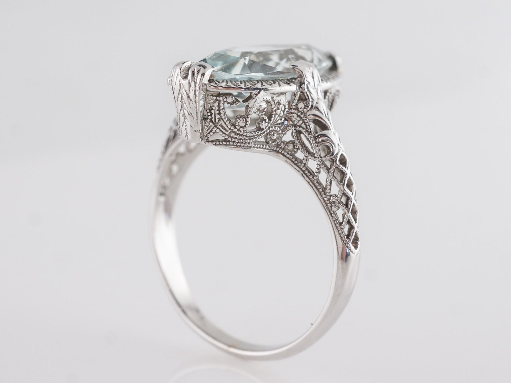 Vintage Marquise Aquamarine Filigree Ring in 14k