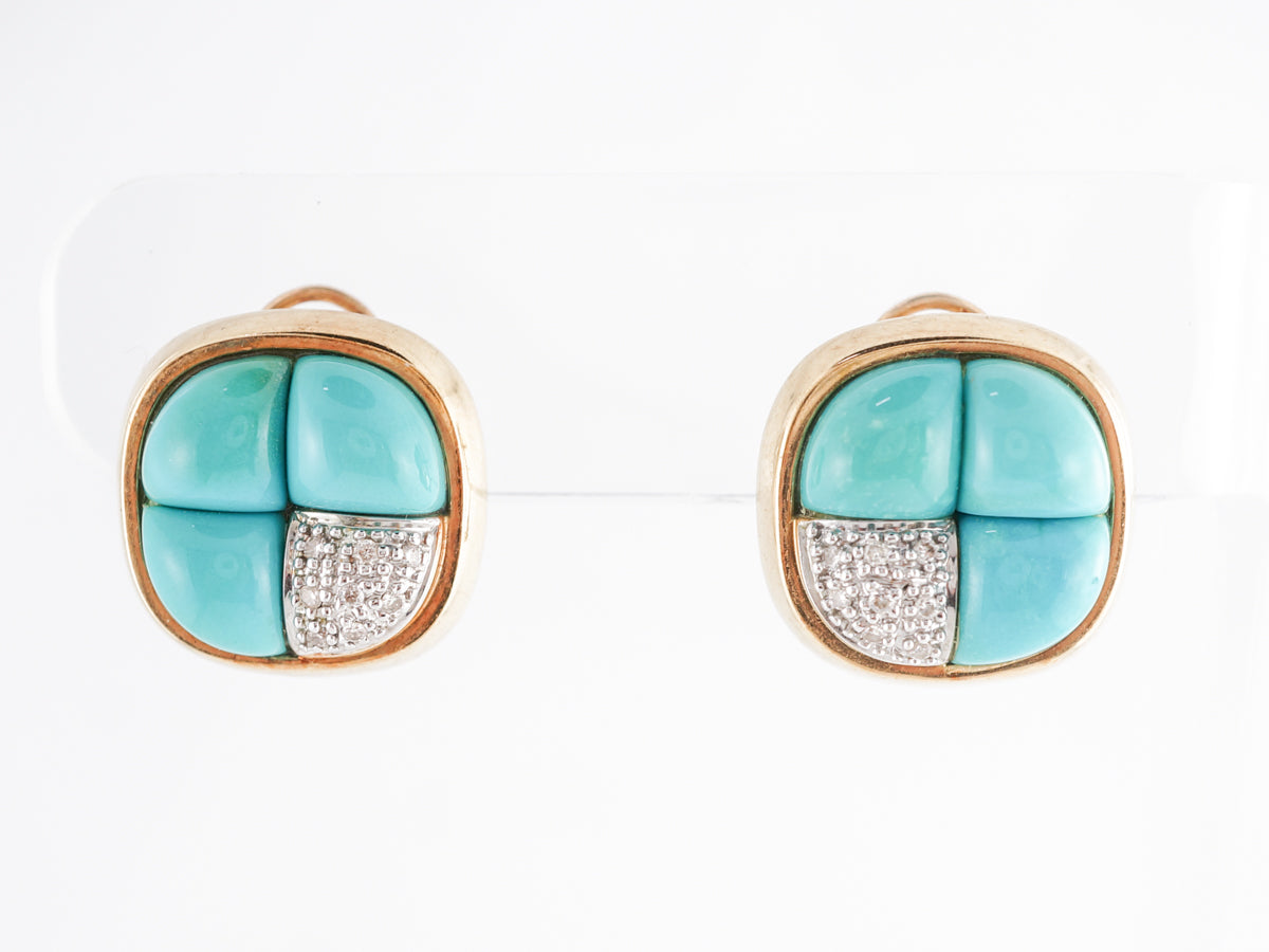1960's Cabochon Turquoise Earrings w/ Pave Diamonds 14k