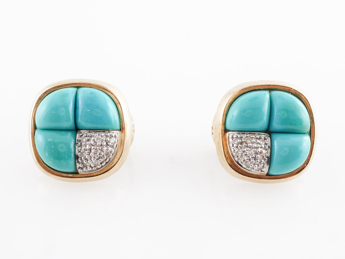 1960's Cabochon Turquoise Earrings w/ Pave Diamonds 14k