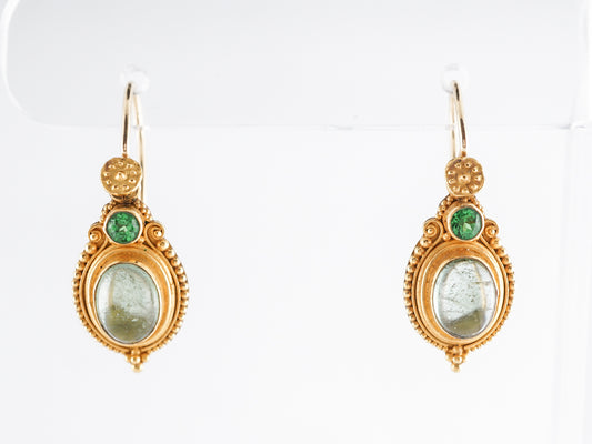 Vintage Etruscan Style Earrings w/ Emerald & Tourmaline in 22k