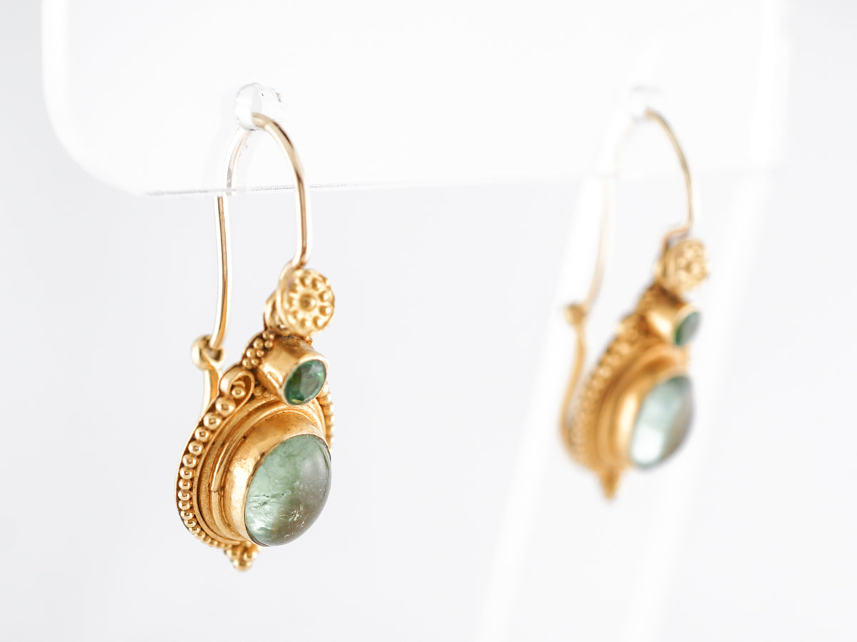 Vintage Etruscan Style Earrings w/ Emerald & Tourmaline in 22k