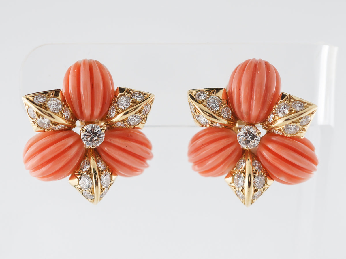**RTV9/4/19**Fred of Paris Coral & Diamonds Earrings in Yellow Gold
