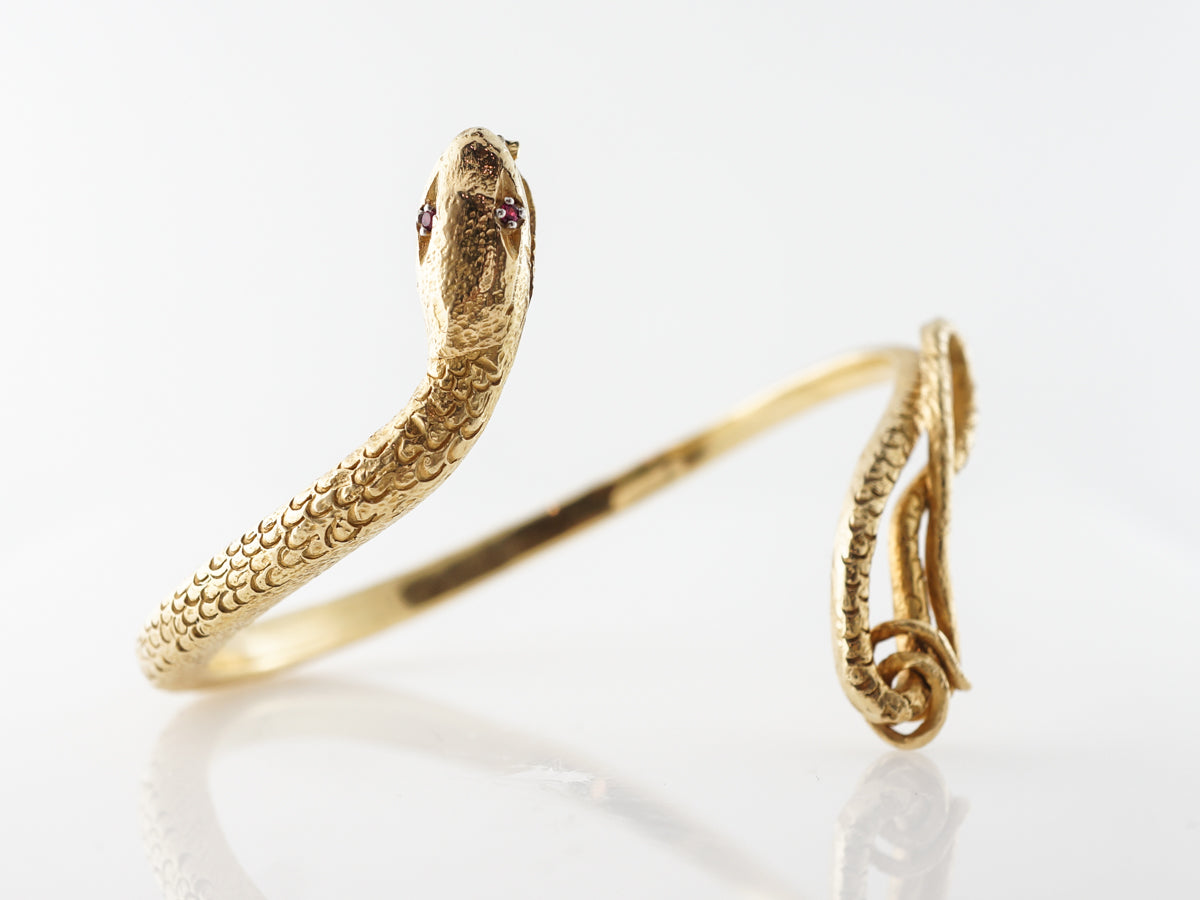 Vintage Snake Bangle Bracelet w/ Rubies in Yellow Gold