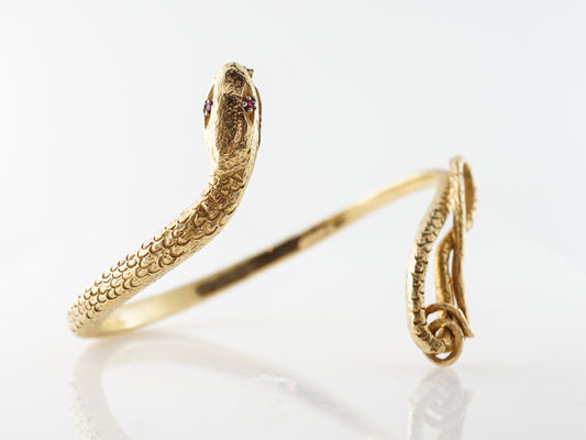 Vintage Snake Bangle Bracelet w/ Rubies in Yellow Gold
