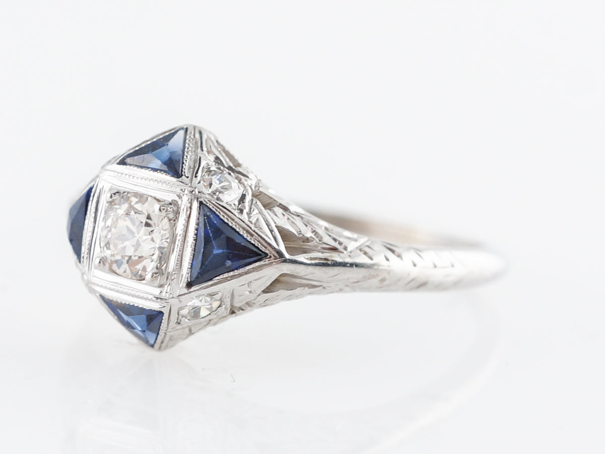 Vintage Deco Diamond w/ Sapphire Engagement Ring in 18K