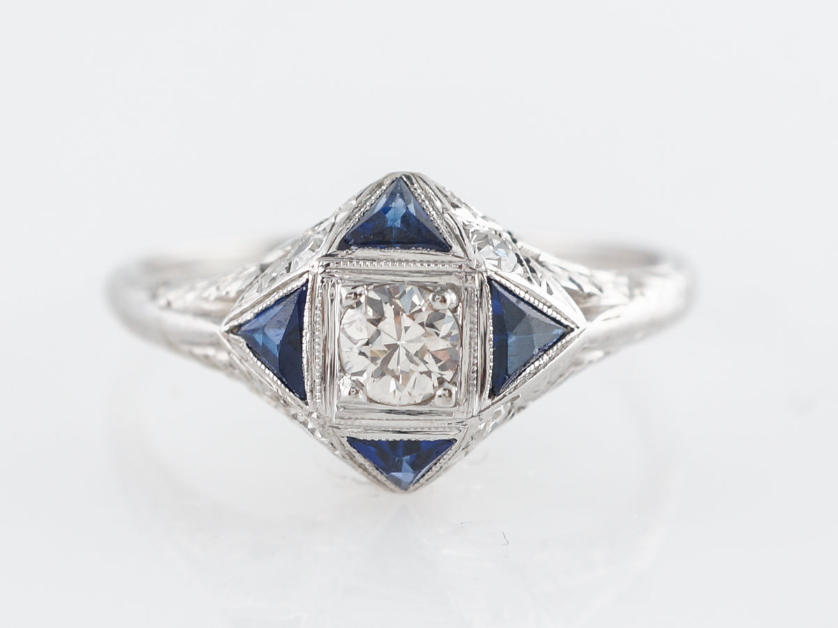 Vintage Deco Diamond w/ Sapphire Engagement Ring in 18K