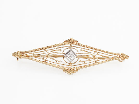Vintage Retro Filigree Brooch w/ Old European Cut Diamond