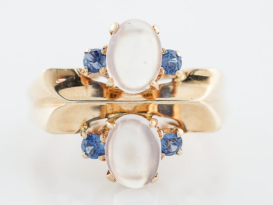 Vintage Right Hand Ring Late Art Deco 1.40 Cabochon Cut Moonstones & Sapphires in 14k Yellow Gold