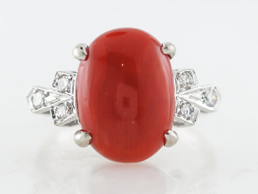 Vintage Right Hand Ring Mid-Century Cabochon Cut Coral & .18 Round Brilliant Cut Diamonds in 14k White Gold