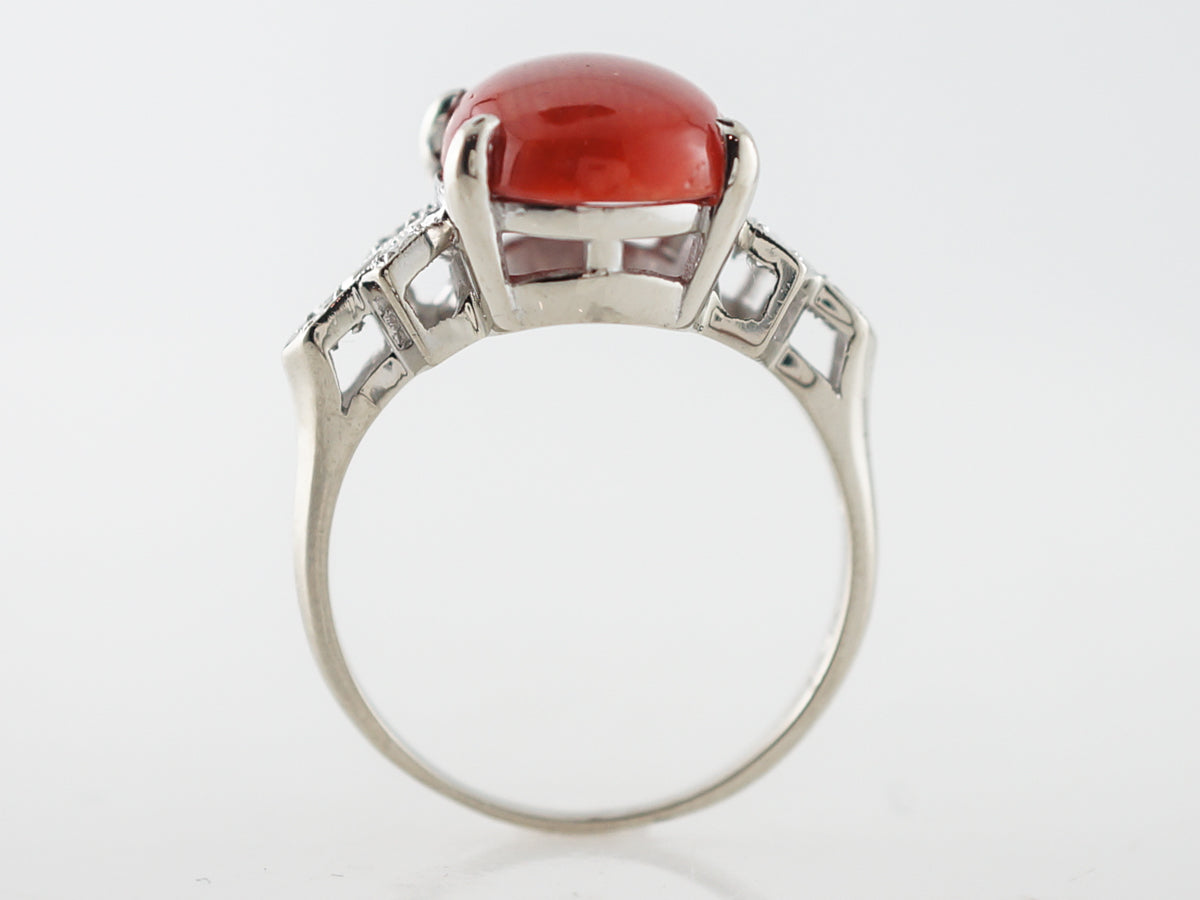 Vintage Right Hand Ring Mid-Century Cabochon Cut Coral & .18 Round Brilliant Cut Diamonds in 14k White Gold