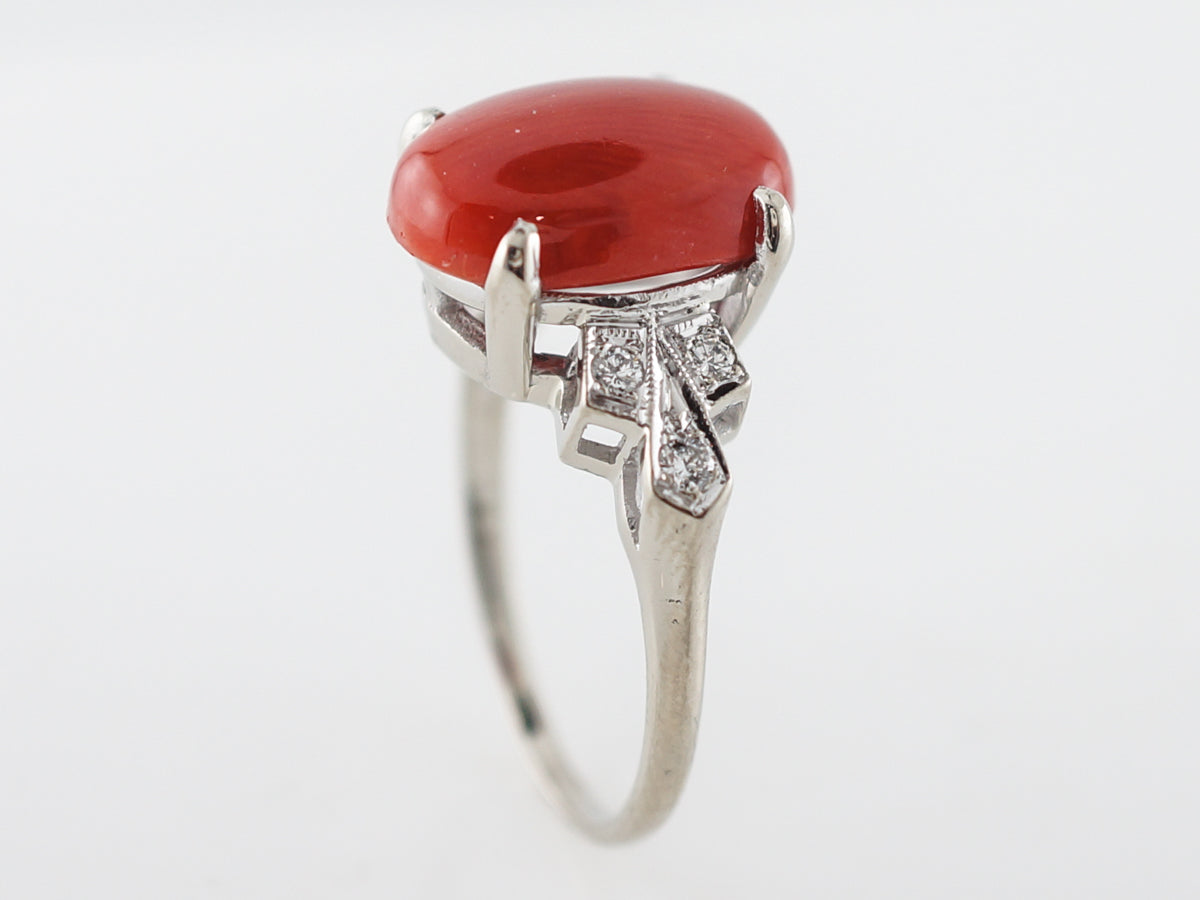 Vintage Right Hand Ring Mid-Century Cabochon Cut Coral & .18 Round Brilliant Cut Diamonds in 14k White Gold