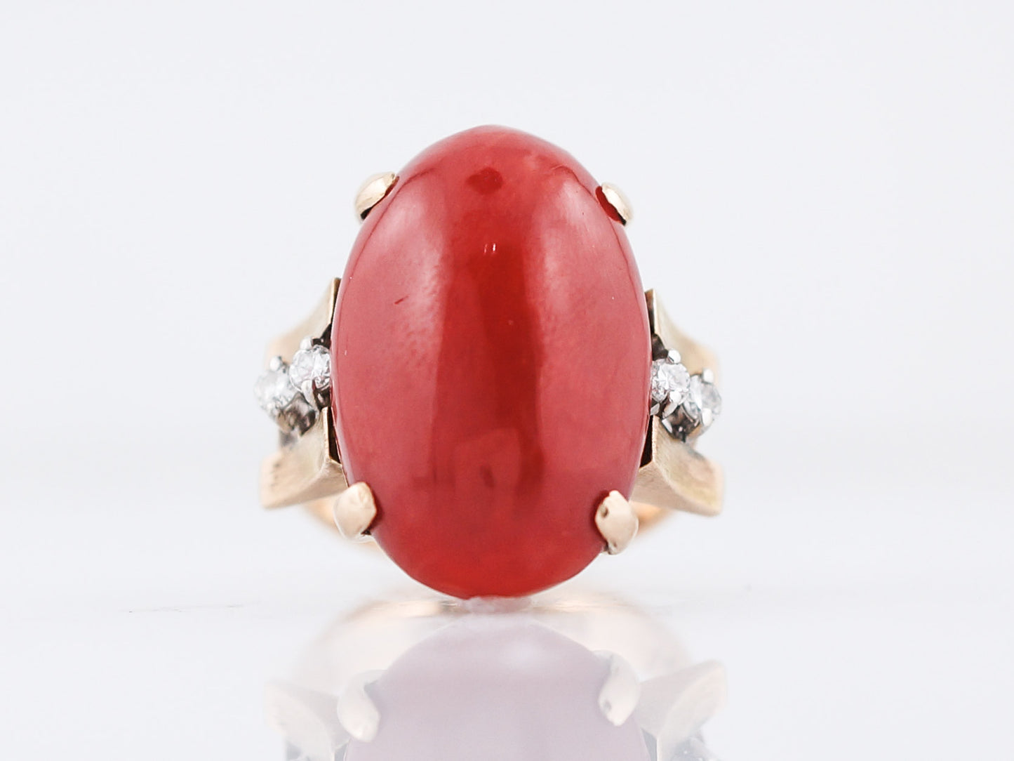 Vintage Right Hand Ring Mid-Century Coral & .20 Round Brilliant Cut Diamonds in 14k Yellow Gold