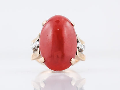 Vintage Right Hand Ring Mid-Century Coral & .20 Round Brilliant Cut Diamonds in 14k Yellow Gold