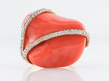 Vintage Right Hand Ring Mid-Century Coral & .30 Round Brilliant Cut Diamonds in 18k Yellow Gold