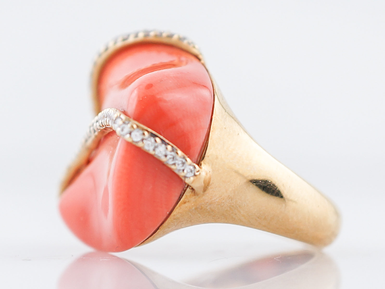 Vintage Right Hand Ring Mid-Century Coral & .30 Round Brilliant Cut Diamonds in 18k Yellow Gold