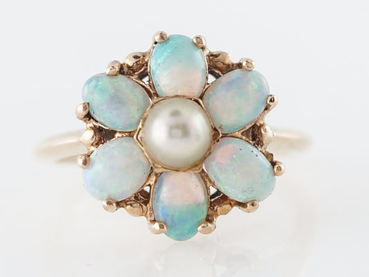Vintage Right Hand Ring Mid-Century Pearl & Cabochon Cut Opals in 14k Yellow Gold