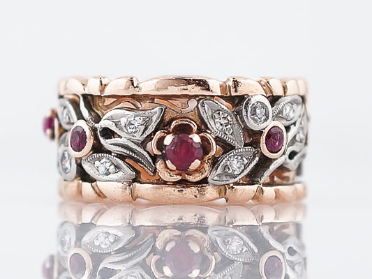 Vintage Right Hand Ring Retro .32 Round Cut Rubies & .30 Single Cut Diamonds in 14K Rose Gold