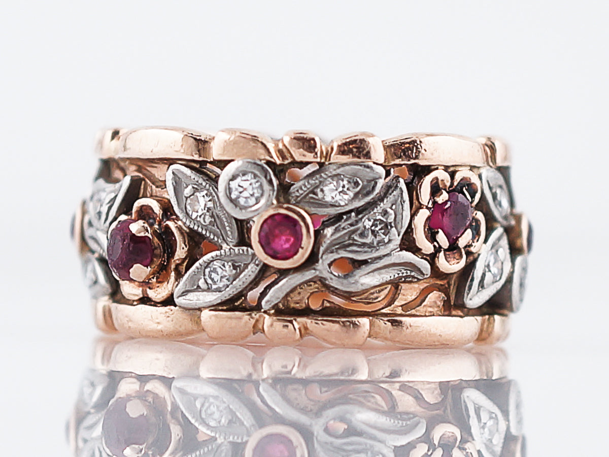 Vintage Right Hand Ring Retro .32 Round Cut Rubies & .30 Single Cut Diamonds in 14K Rose Gold