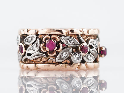 Vintage Right Hand Ring Retro .32 Round Cut Rubies & .30 Single Cut Diamonds in 14K Rose Gold