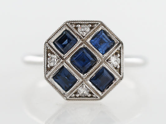 Vintage Right Hand Ring Retro 1.10 Square Cut Sapphire in 14k White Gold