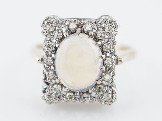 Vintage Right Hand Ring Retro 1.2 Oval Cabochon Cut Opal & Single Cut Diamond in 14k Yellow & White Gold