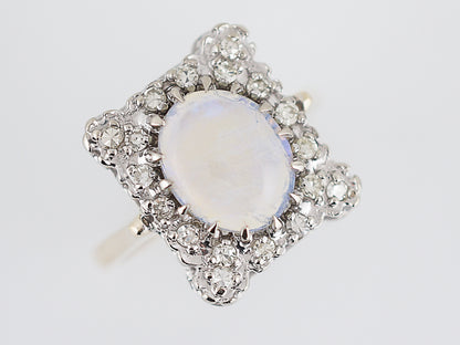 Vintage Right Hand Ring Retro 1.2 Oval Cabochon Cut Opal & Single Cut Diamond in 14k Yellow & White Gold