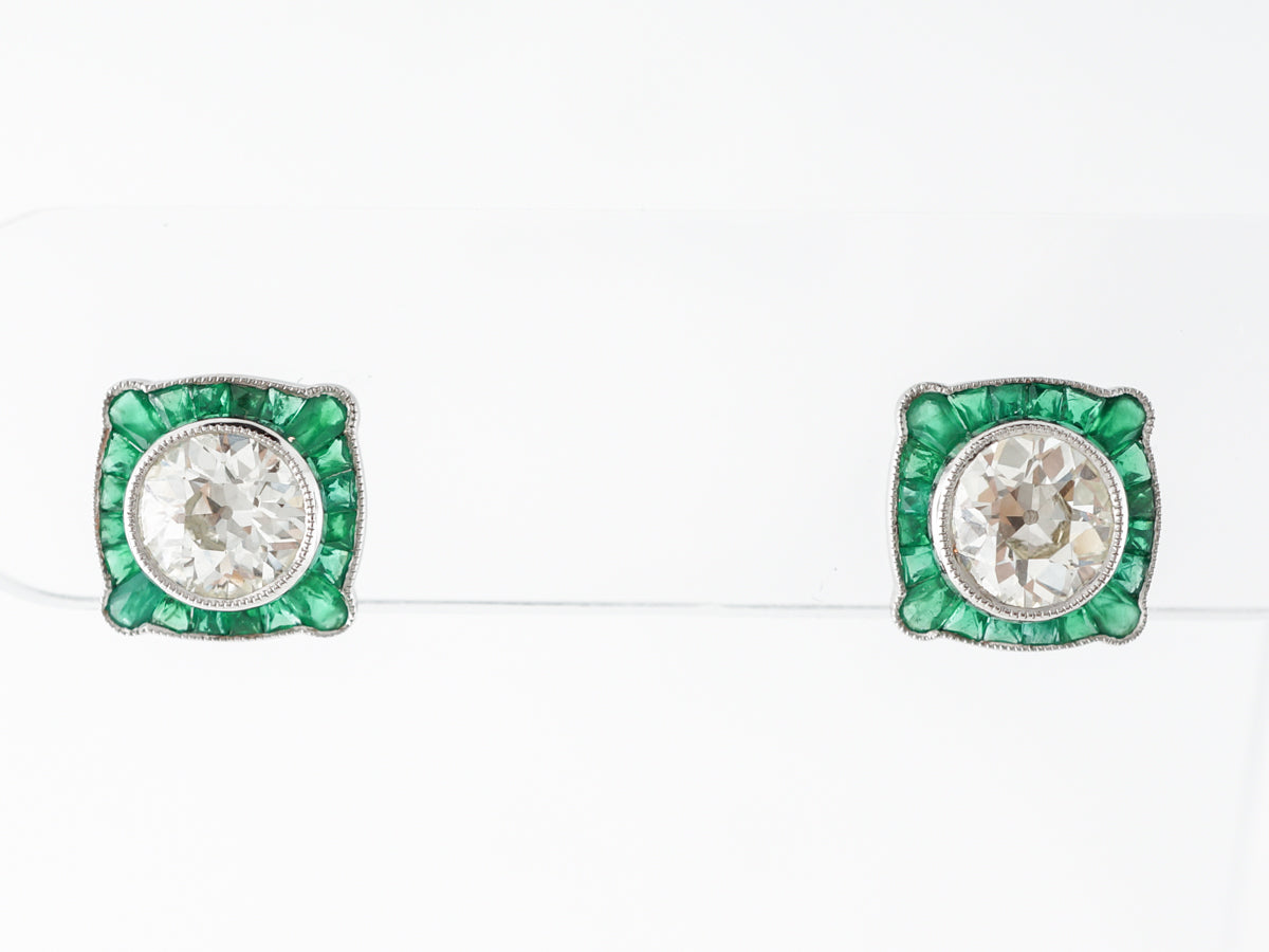 2 Carat European Cut Diamond Earrings w/ Emerald Accents Platinum