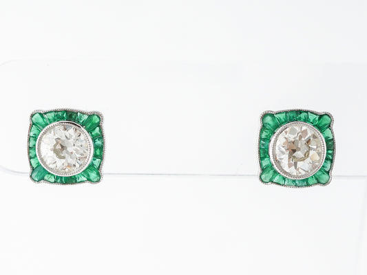 2 Carat European Cut Diamond Earrings w/ Emerald Accents Platinum
