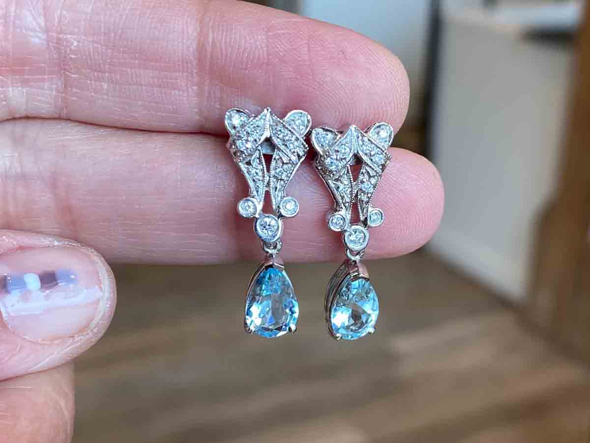 Vintage Style Aquamarine Diamond Earrings in 14k – Filigree Jewelers