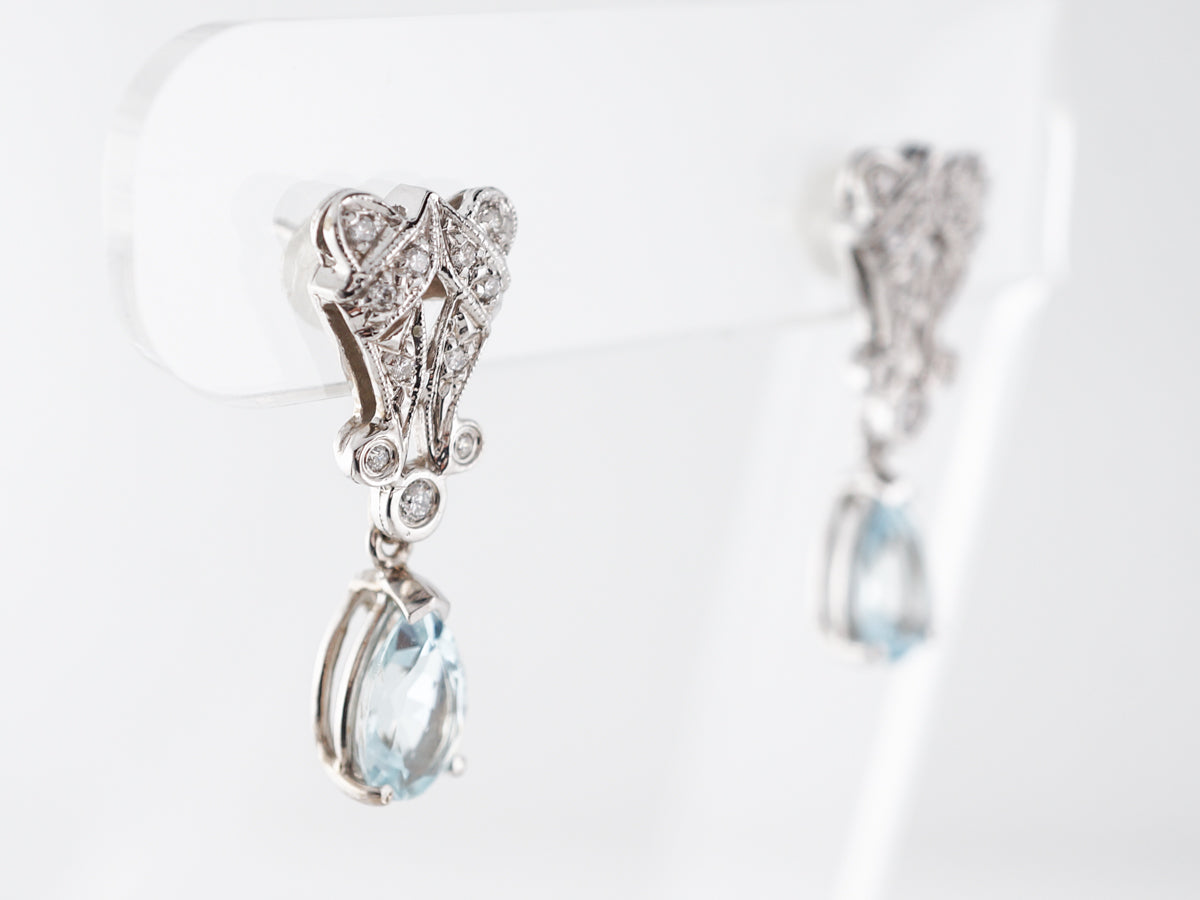 Vintage Style Aquamarine & Diamond Earrings in 14k