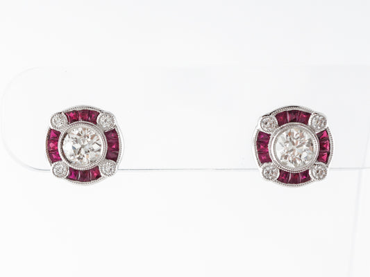 Old European Cut Diamond Earrings w/ Ruby Accents Platinum