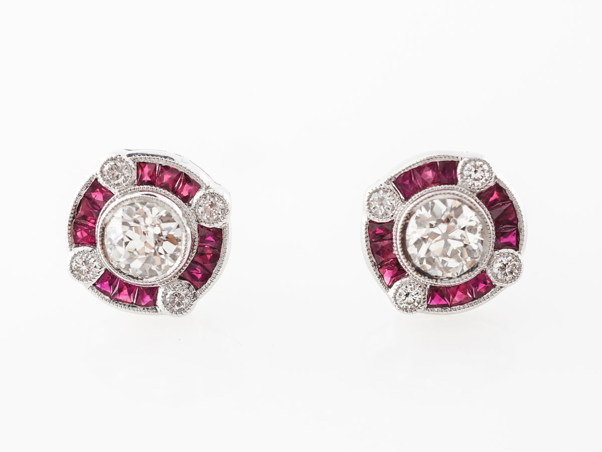 Old European Cut Diamond Earrings w/ Ruby Accents Platinum