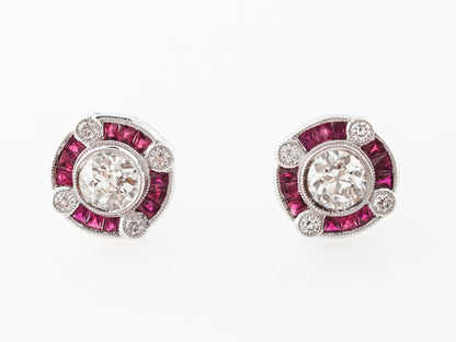 Old European Cut Diamond Earrings w/ Ruby Accents Platinum