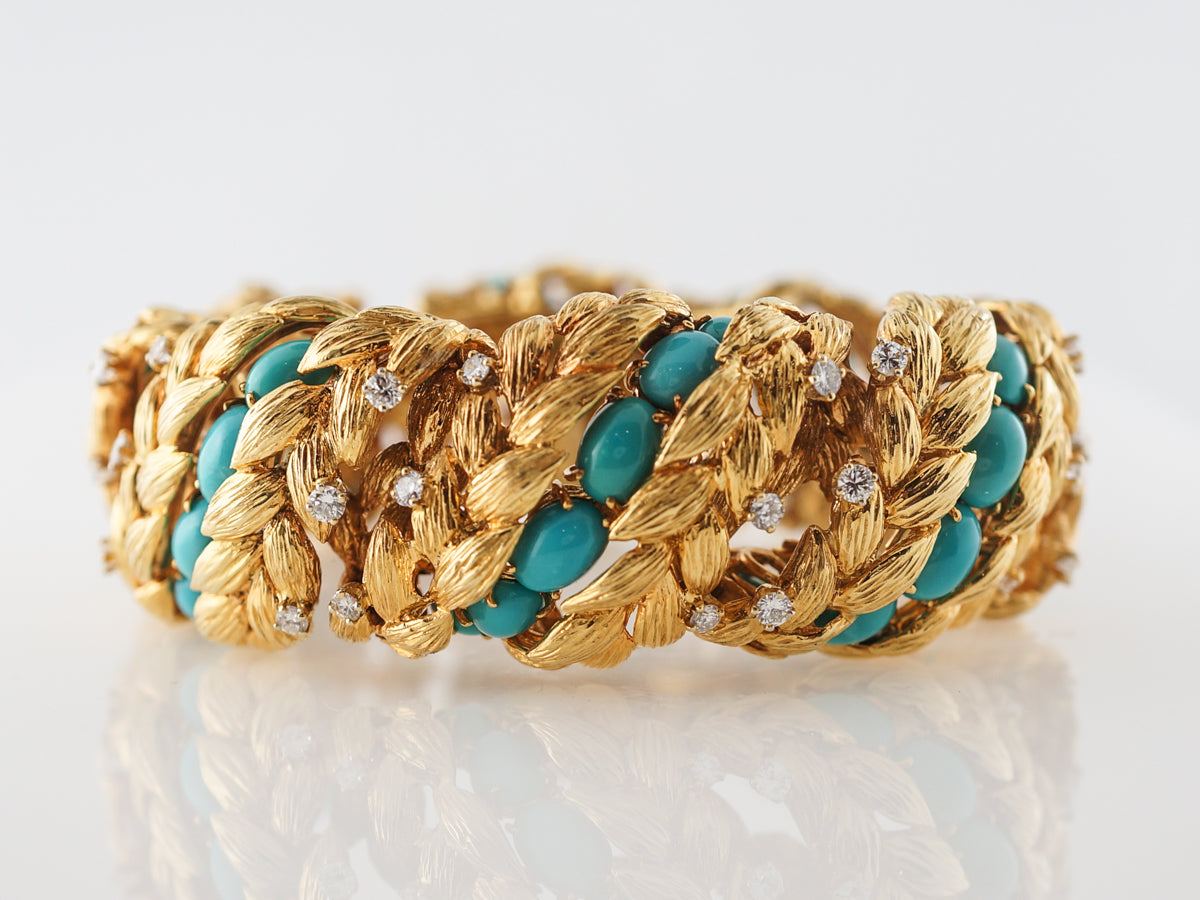 *RTV 9/4/19**Vintage Turquoise & Diamond Bracelet in Yellow Gold