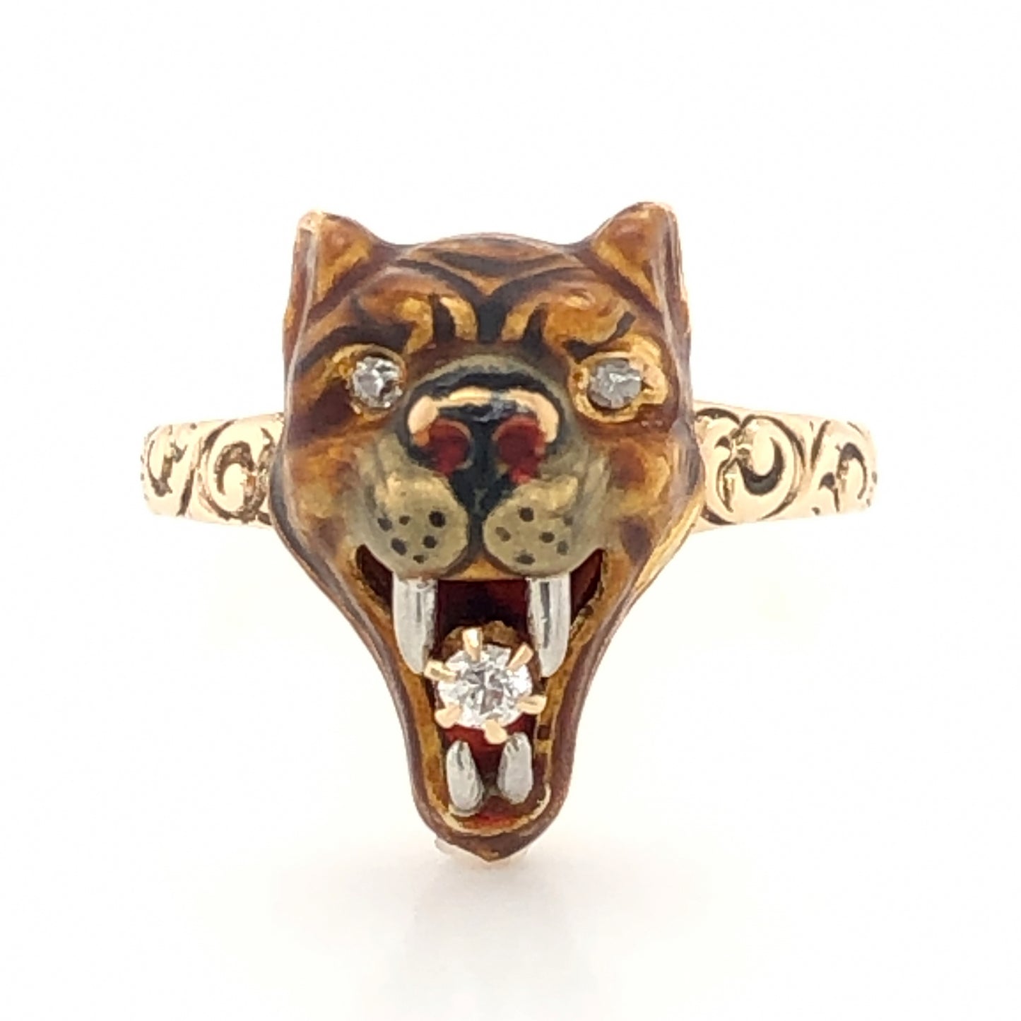 Victorian Lion Ring w/ Diamonds in 10k Yellow Gold